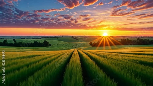 Stunning sunset over green fields with vibrant colors