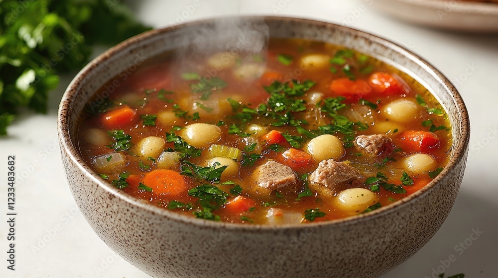 Hearty vegetable and meat soup steaming in a rustic bowl with fresh herbs Hearty vegetable and meat soup steaming in a rustic bowl with fresh herbs