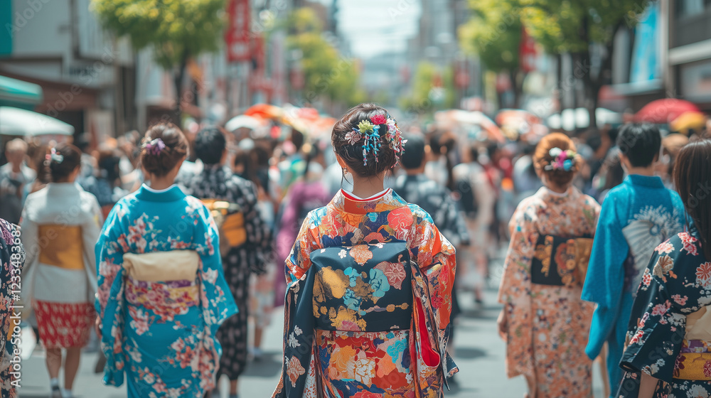 Fototapeta premium The lively Honen Matsuri festival with many people wearing traditional kimonos, carrying symbols of great good fortune and participating in street parades, Ai generated images