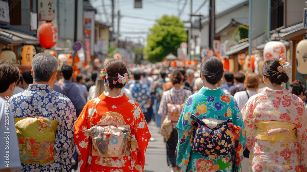 The lively Honen Matsuri festival with many people wearing traditional kimonos, carrying symbols of great good fortune and participating in street parades, Ai generated images The lively Honen Matsuri festival with many people wearing traditional kimonos, carrying symbols of great good fortune and participating in street parades, Ai generated images