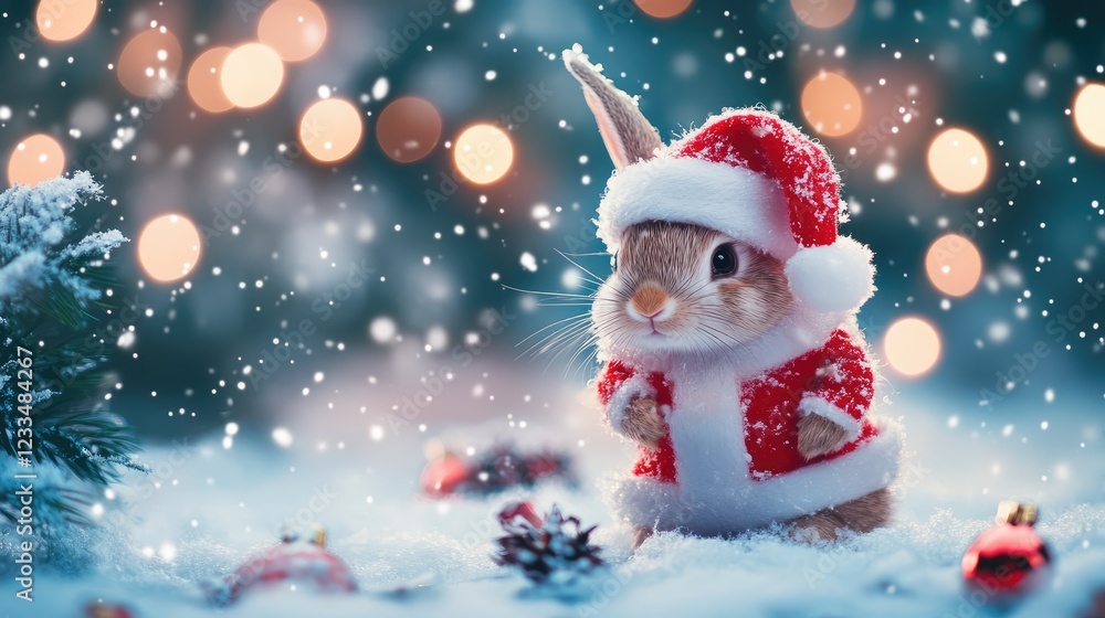 Little tiny bunny dressed up as Santa claus on snowing and christmas tree background. Little tiny bunny dressed up as Santa claus on snowing and christmas tree background.