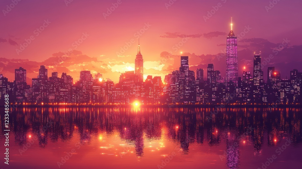 Fototapeta premium Cityscape sunset reflection, urban skyline, vibrant colors, waterfront, design