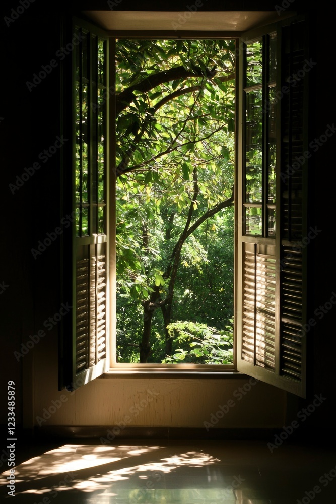 Sunlight streams through open window revealing lush green trees Sunlight streams through open window revealing lush green trees