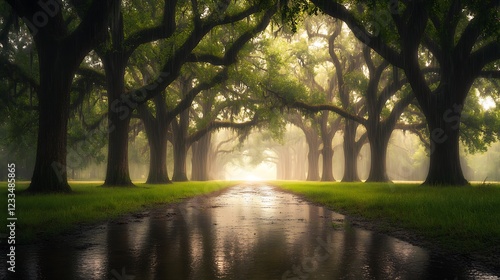 A serene pathway lined with majestic trees in a misty atmosphere.