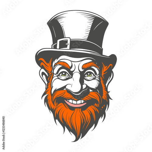 St. Patrick's day smiling leprechaun portrait. Saint Patrick's Day character leprechaun with beard and hat. Elf character for advertising. Ireland National Holiday.