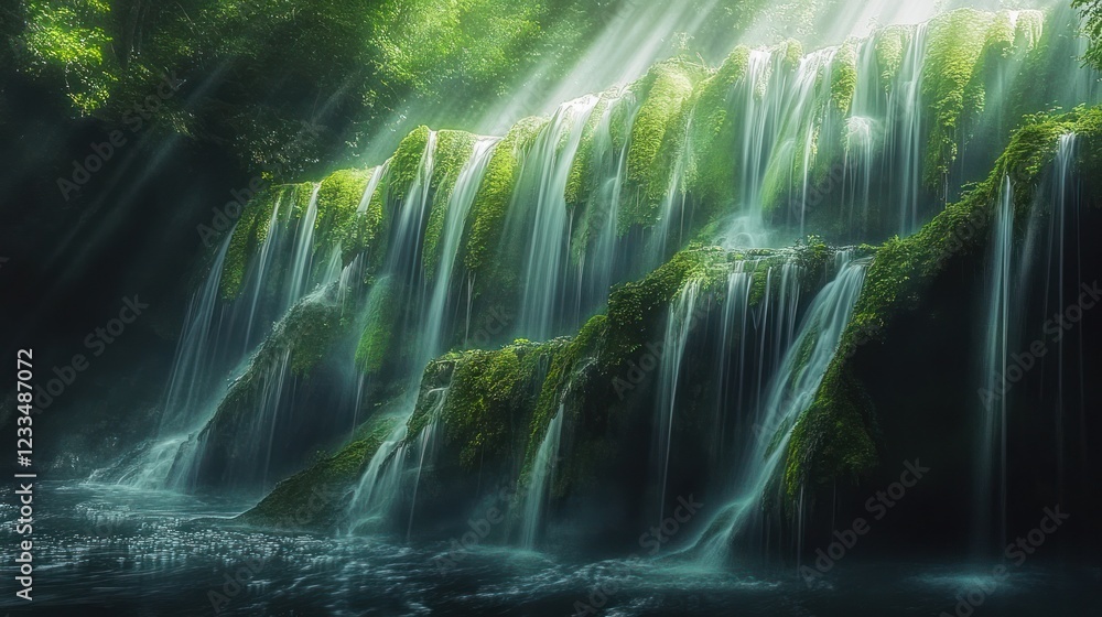 Sunlit moss-covered waterfall cascading into pool, lush forest background; nature serenity