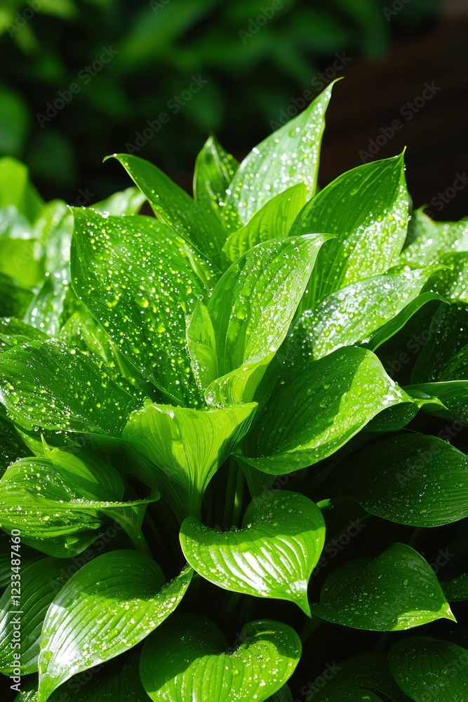 Fototapeta premium Dewdrops adorn vibrant green hosta leaves