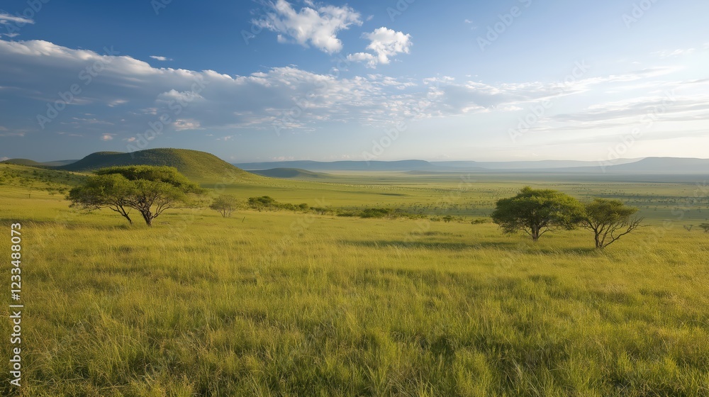 Serene Savanna Landscape Under Partly Cloudy Sky Serene Savanna Landscape Under Partly Cloudy Sky