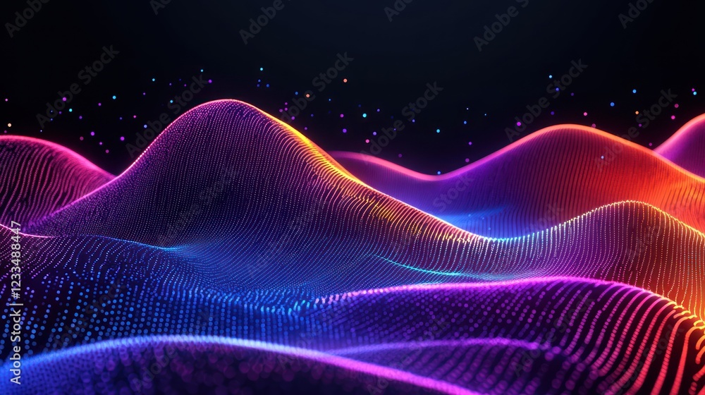 Fototapeta premium Colorful digital landscape, particle waves, dark background, tech design