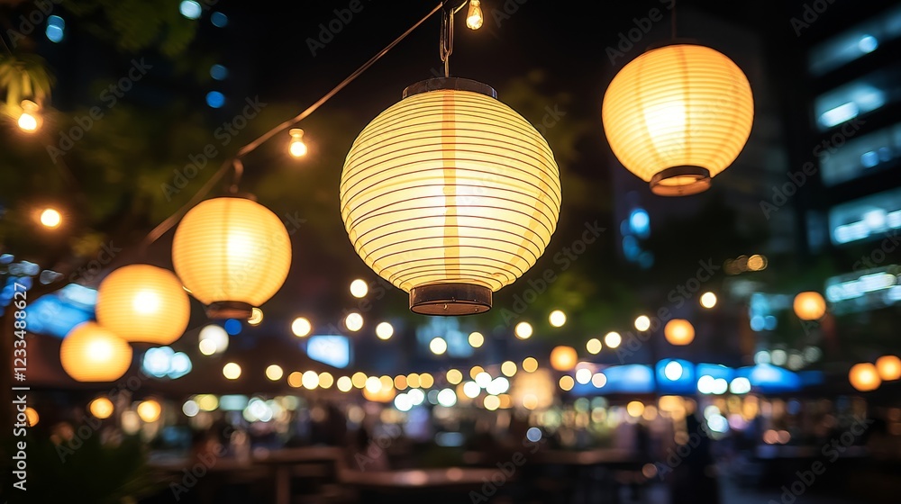 Illuminated Night Market with Paper Lanterns and Festive Lights Illuminated Night Market with Paper Lanterns and Festive Lights