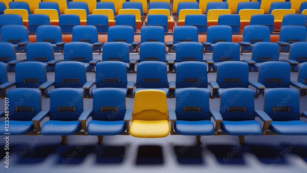 Fototapeta premium Minimalist Chairs with Vibrant Yellow Chair Among Blue Chairs.