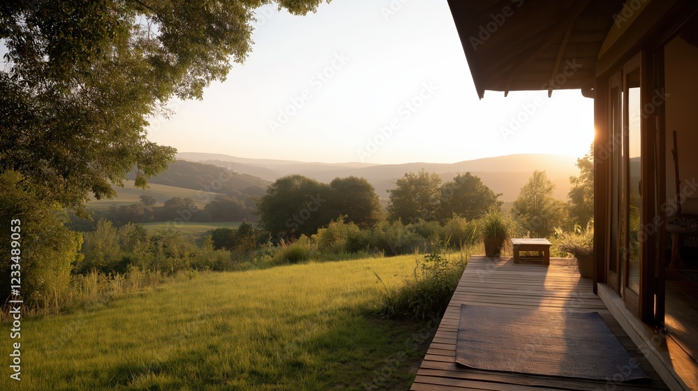 Obraz premium Sunrise Over Rolling Green Hills Viewed From Rustic Deck