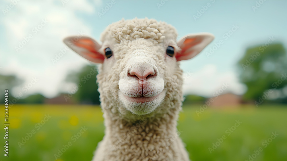 Obraz premium Cute lamb stares, farm field background, spring. Stock photo