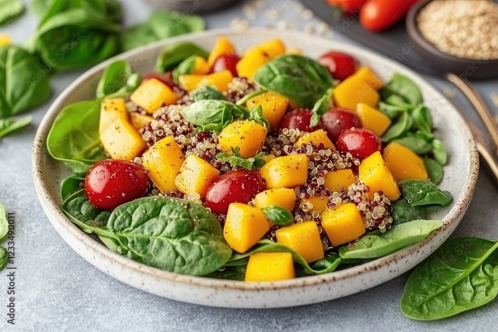 Mango quinoa salad with spinach and cherry tomatoes. Healthy meal prep Mango quinoa salad with spinach and cherry tomatoes. Healthy meal prep
