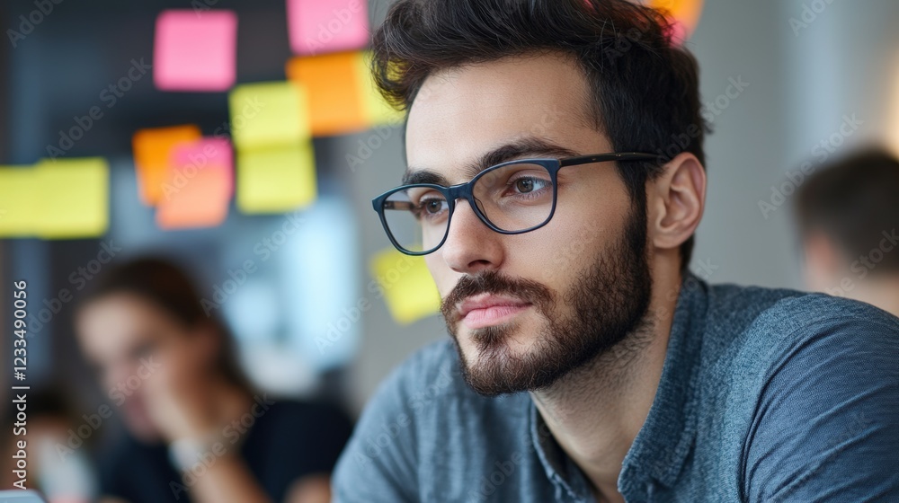 A group of young startup founders in casual business attire brainstorming in a brightly lit, creative workspace A group of young startup founders in casual business attire brainstorming in a brightly lit, creative workspace