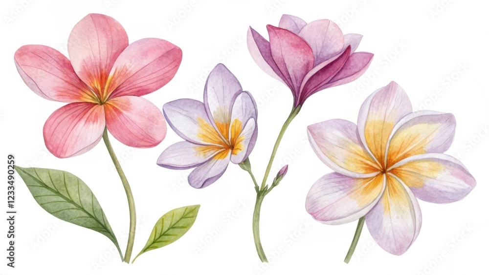 Fototapeta premium A collection of beautifully illustrated flowers in soft pink and purple hues, showcasing delicate petals and green leaves, perfect for botanical themes.