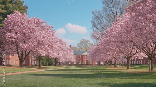 A serene landscape featuring blooming cherry trees and a classic building under a blue sky.