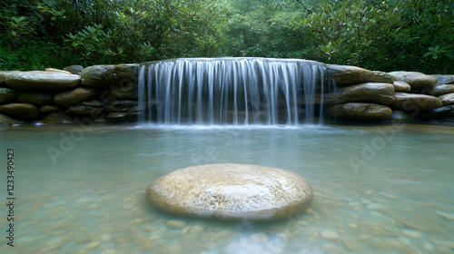 Serene waterfall pool, forest backdrop, zen stone