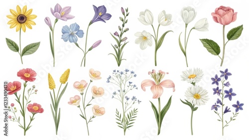 A colorful array of hand-drawn flowers, showcasing various species and designs, perfect for decorative or artistic purposes.