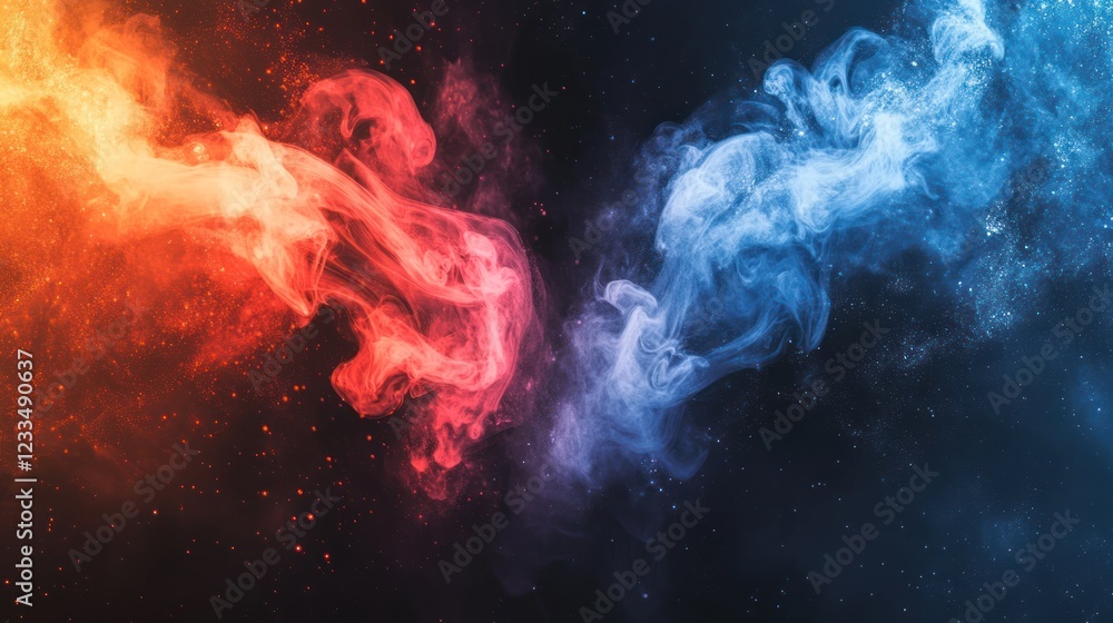 Fototapeta premium Abstract red blue smoke swirls, dark background, design element