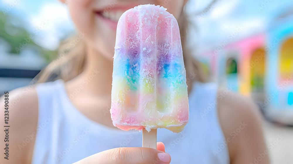 Girl enjoys rainbow popsicle, summer fun, park background