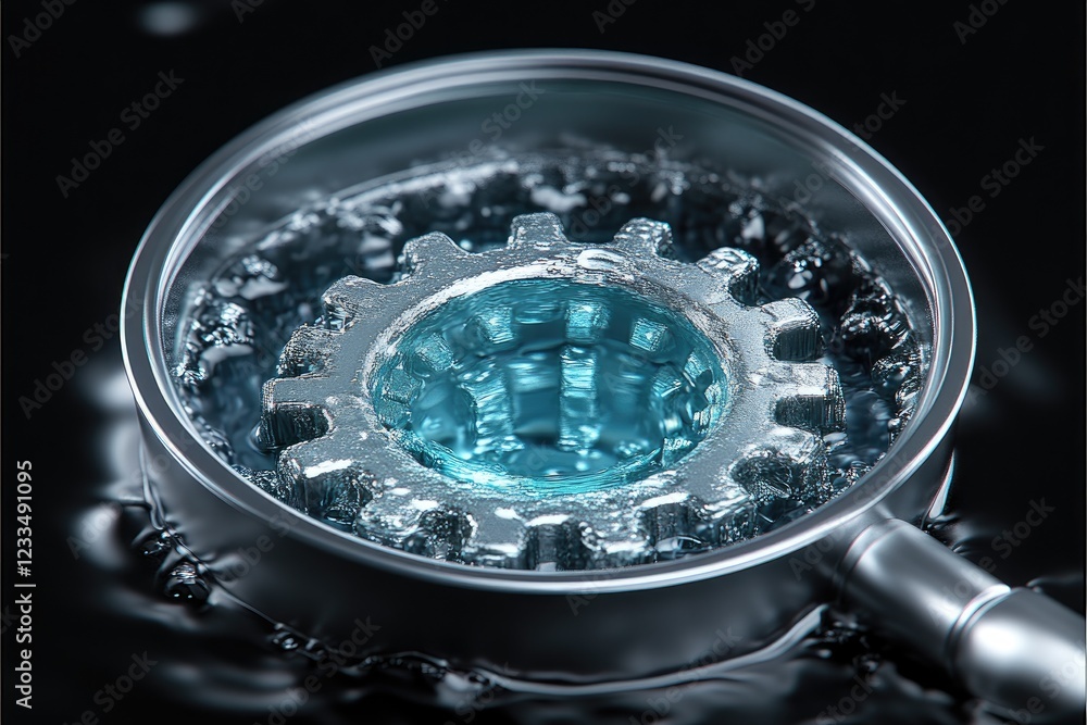 Magnifying glass, submerged gear, detail, problem-solving, industry Magnifying glass, submerged gear, detail, problem-solving, industry
