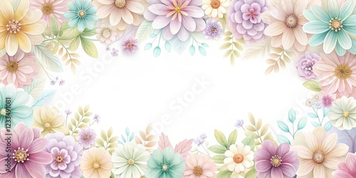A vibrant floral border featuring pastel flowers in various shapes, creating a soft and inviting frame around a blank central space.