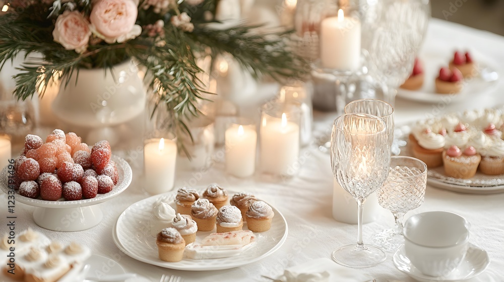 Elegant Table Arrangement with Desserts and Candles for Celebration Elegant Table Arrangement with Desserts and Candles for Celebration
