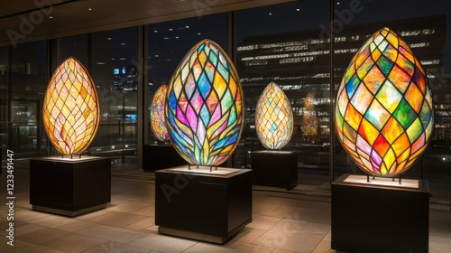 Illuminated Stained Glass Egg Sculptures in Modern Setting