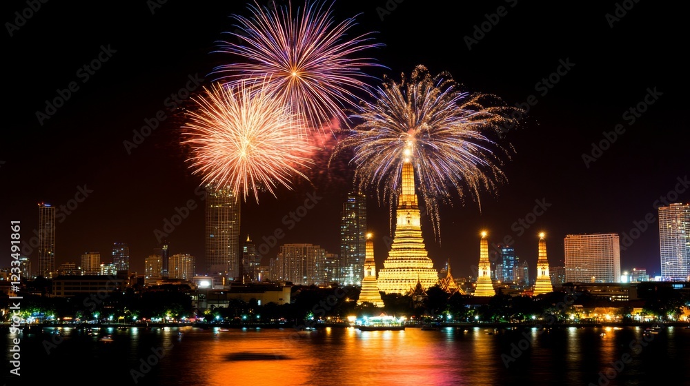 Illuminated Temple, Cityscape Fireworks Display Night Illuminated Temple, Cityscape Fireworks Display Night