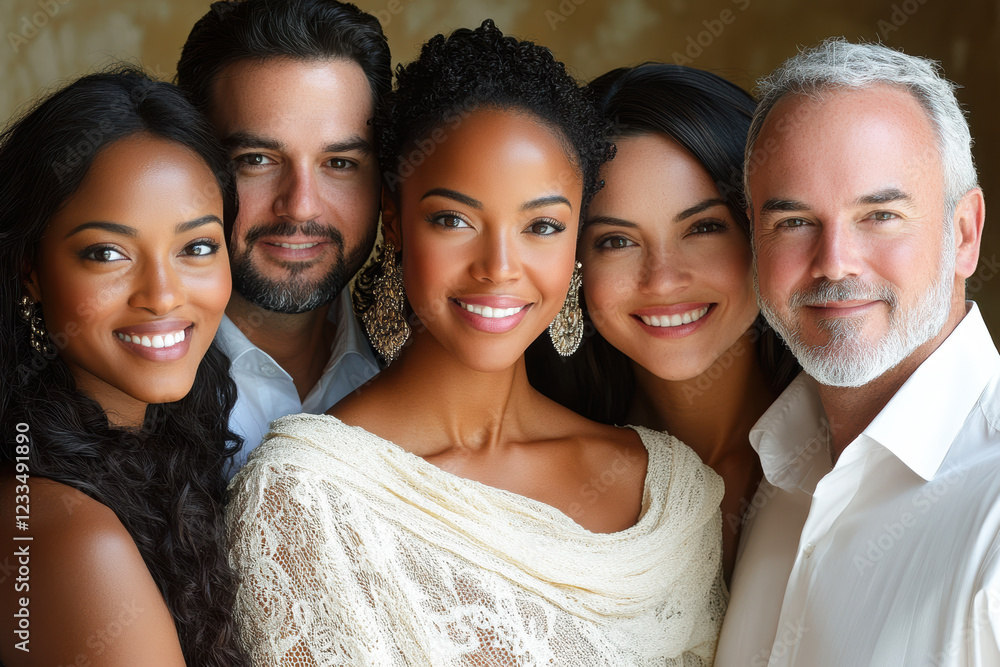 Fototapeta premium A diverse group of five people, smiling together, showcasing warmth and connection in a beautifully lit setting.