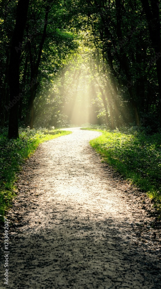 Fototapeta premium Serene Sunlight Streaming Through Trees on a Winding Path into Lush Green Forest Scenery