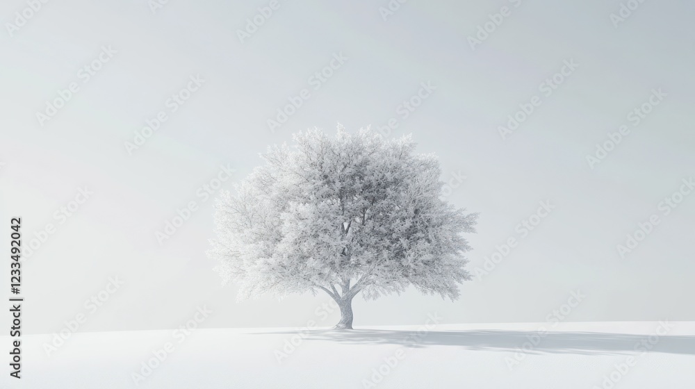 Solitary snow-covered tree in winter landscape; peaceful scene, ideal for winter themes Solitary snow-covered tree in winter landscape; peaceful scene, ideal for winter themes
