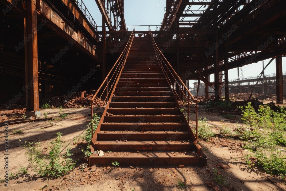 Rusted metal stairway ascends in abandoned industrial building Rusted metal stairway ascends in abandoned industrial building