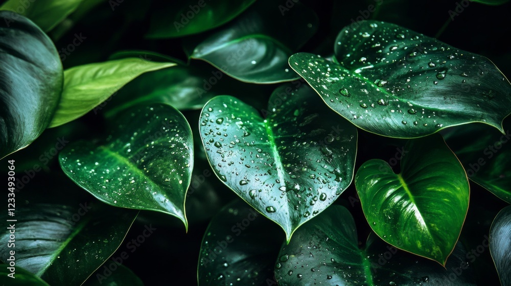 Fototapeta premium Lush Green Leaves Glistening With Dew Drops
