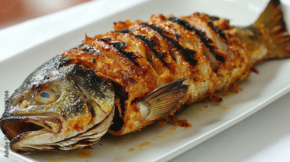 Grilled fish served on a white plate, showcasing a golden crust and garnished, with a restaurant ambiance in the background Grilled fish served on a white plate, showcasing a golden crust and garnished, with a restaurant ambiance in the background