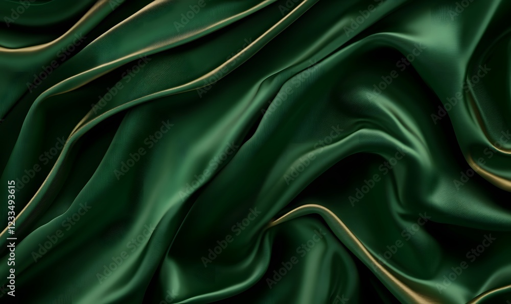 Emerald green silk fabric, elegant waves, luxurious texture, background design, textile industry Emerald green silk fabric, elegant waves, luxurious texture, background design, textile industry