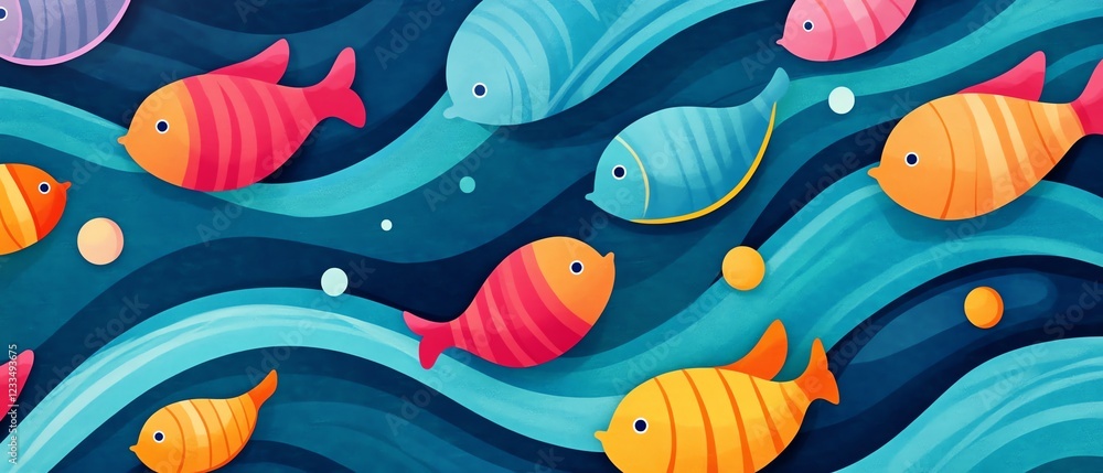Naklejka premium Colorful fish swimming in a vibrant ocean scene.
