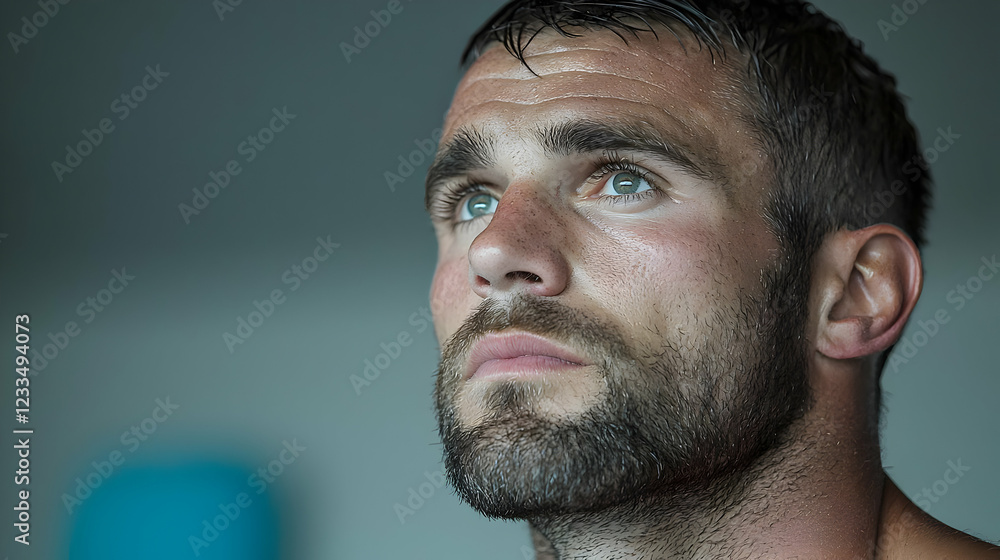 Obraz premium Pensive man gazing upwards, indoors, grey background, for websites