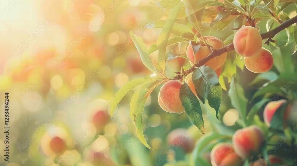 Sunlit Peaches on Tree Branch with Soft Focus Background
