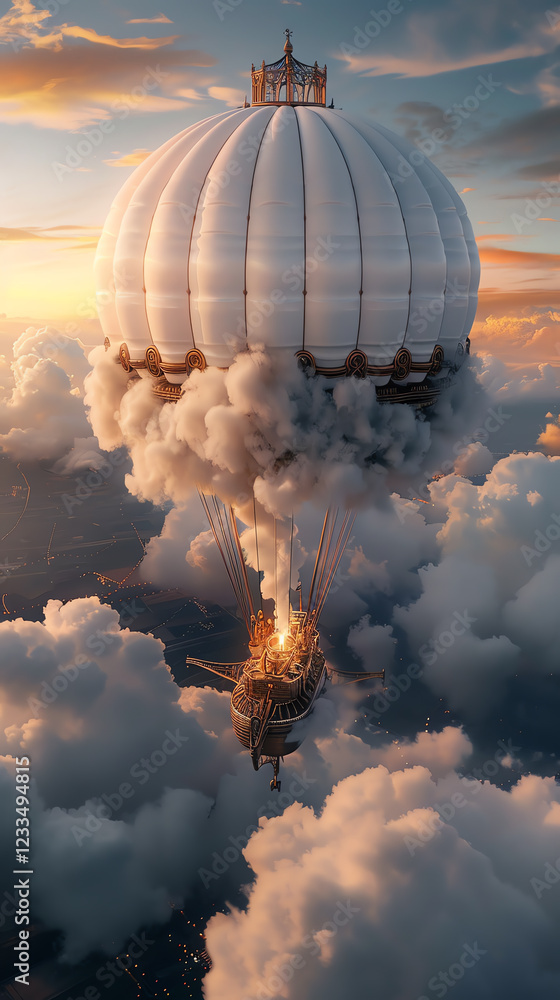 Obraz premium Majestic Hot Air Balloon Gliding Through Clouds at Sunset in a Dreamy Sky