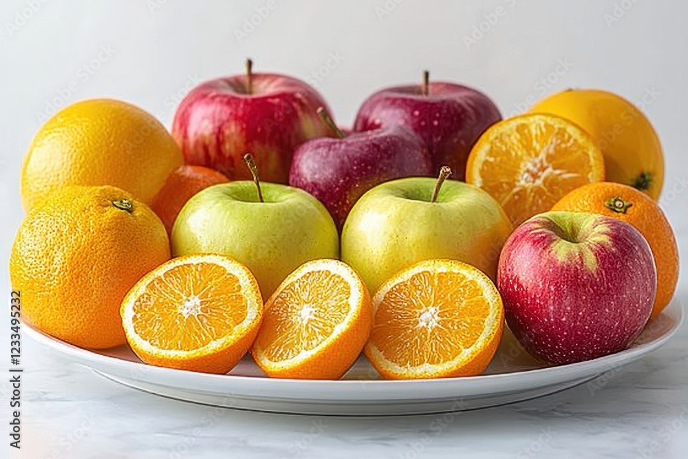 A vibrant assortment of apples and oranges arranged on a white plate. A vibrant assortment of apples and oranges arranged on a white plate.