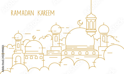 Ramadan kareem greeting card with mosque line art creative poster design.mosque with cloud silhouette line art illustration