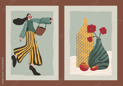 Contemporary style poster set Illustrations: A Woman with a bag and vase with flower and apple