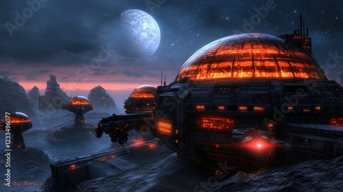 A high-tech military outpost on a moon-like terrain, with glowing domes and robotic sentries patrolling the perimeter