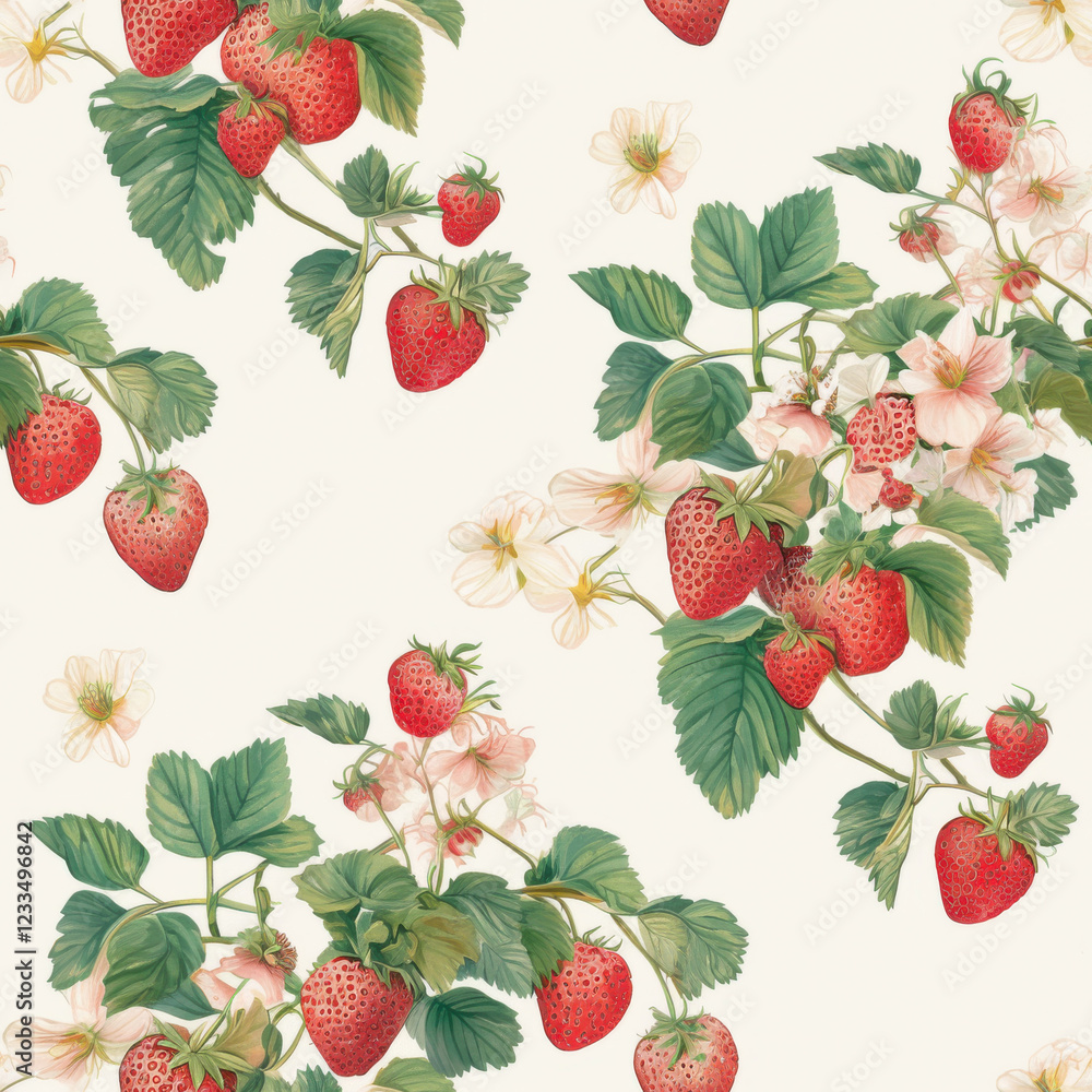 Strawberry plant with ripe fruit and flowers on light background, showcasing vibrant colors and detailed botanical illustration. Perfect for nature lovers and decor Strawberry plant with ripe fruit and flowers on light background, showcasing vibrant colors and detailed botanical illustration. Perfect for nature lovers and decor