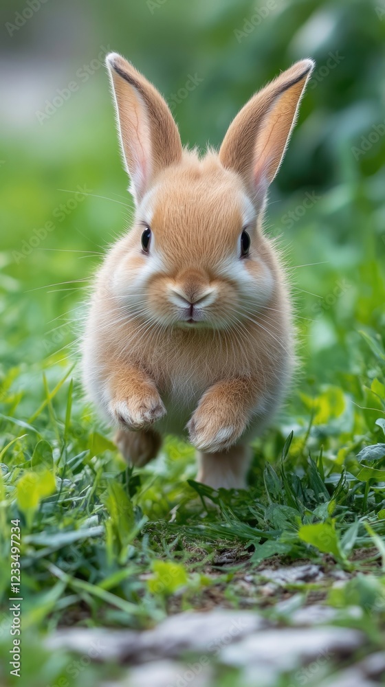Playful Rabbit Hopping Through a Lush Green Field Under a Bright Blue Sky Playful Rabbit Hopping Through a Lush Green Field Under a Bright Blue Sky