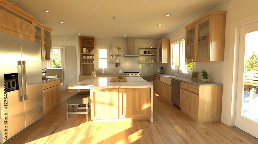 A bright and airy modern kitchen with open shelving, stainless steel appliances, and a spacious layout A bright and airy modern kitchen with open shelving, stainless steel appliances, and a spacious layout