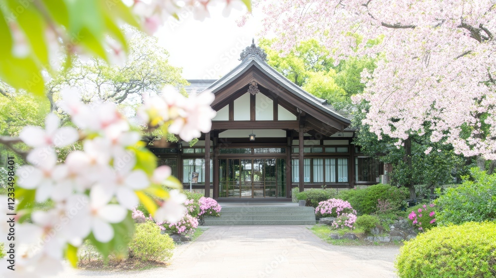 Japanese Spring Garden House Entrance with Cherry Blossoms Japanese Spring Garden House Entrance with Cherry Blossoms