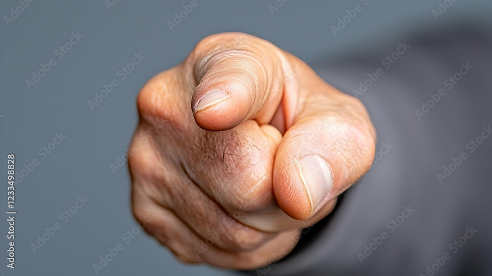 Close-up hand pointing, grey background, focus, communication Close-up hand pointing, grey background, focus, communication